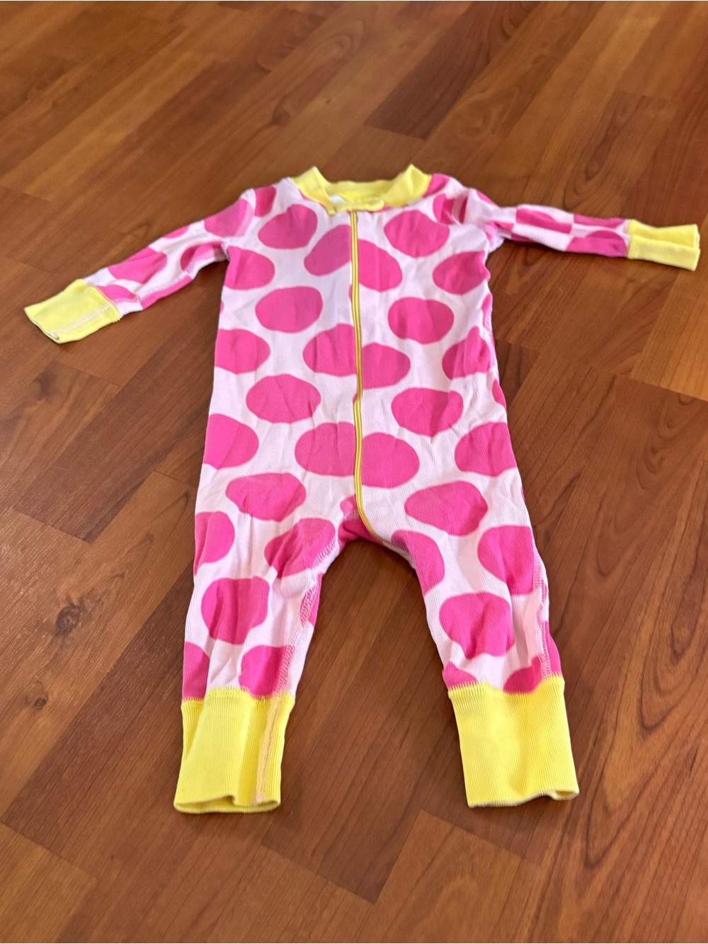 Hanna Andersson Pink Polka Dot One-Piece Footie with Yellow Trim 6-12 months